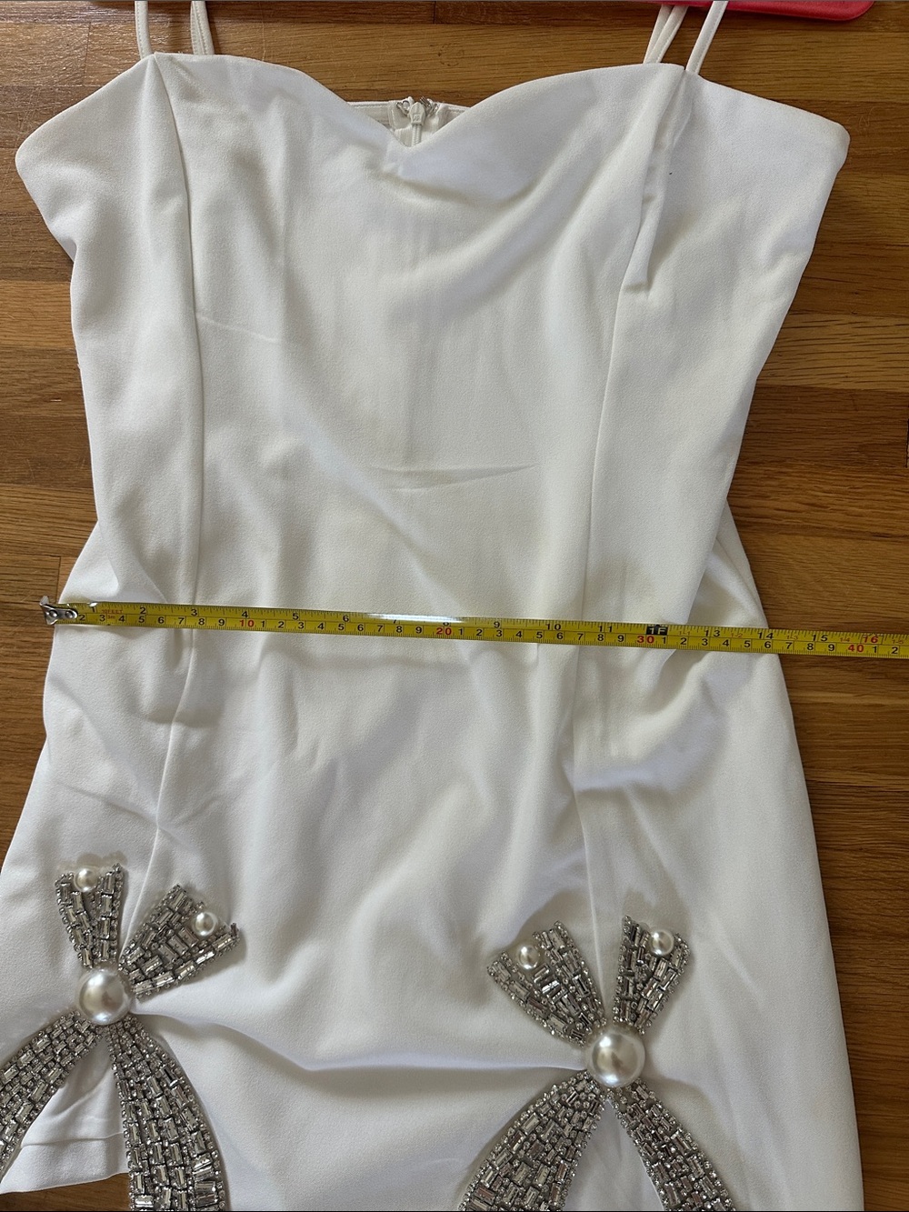 Amazing Lace | Elegant White Cowl Neck Mini Dress with Pearl & Crystal Accents - Picture 14 of 15